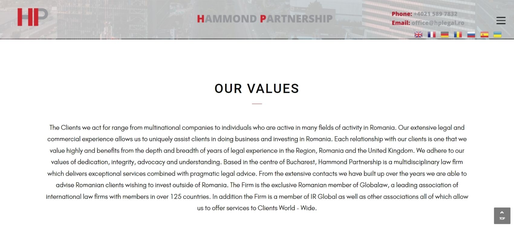 HP Legal homepage - values