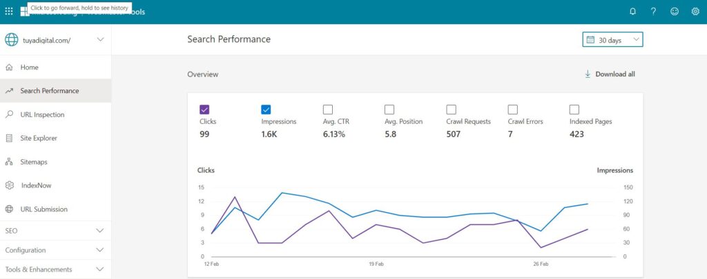 Bing Webmaster Tool dashboard - TUYA Digital performanace on Bing