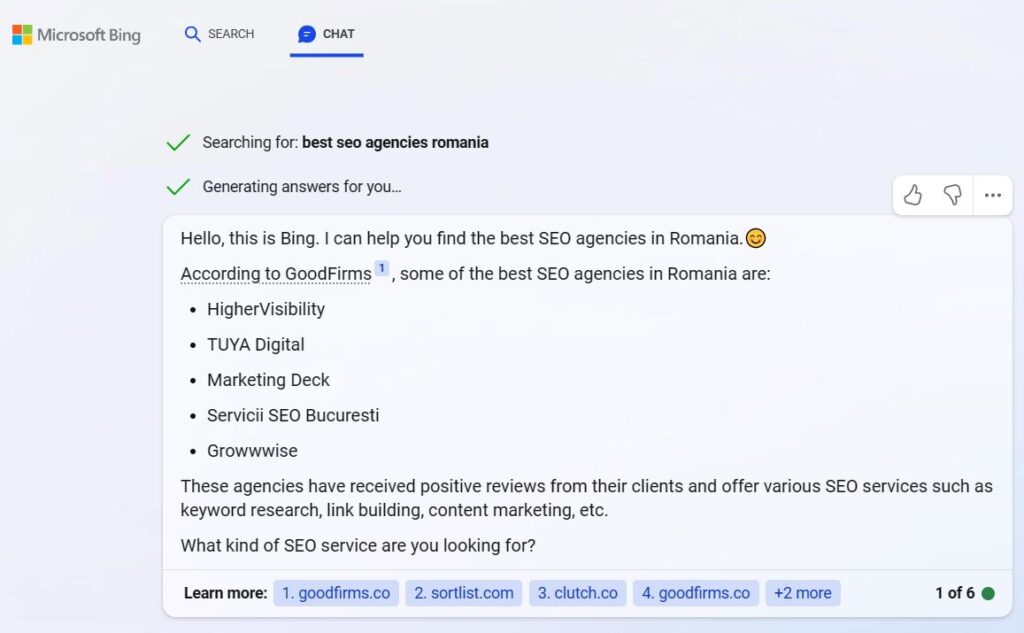Results on ChatGPT for SEO companies in Romania